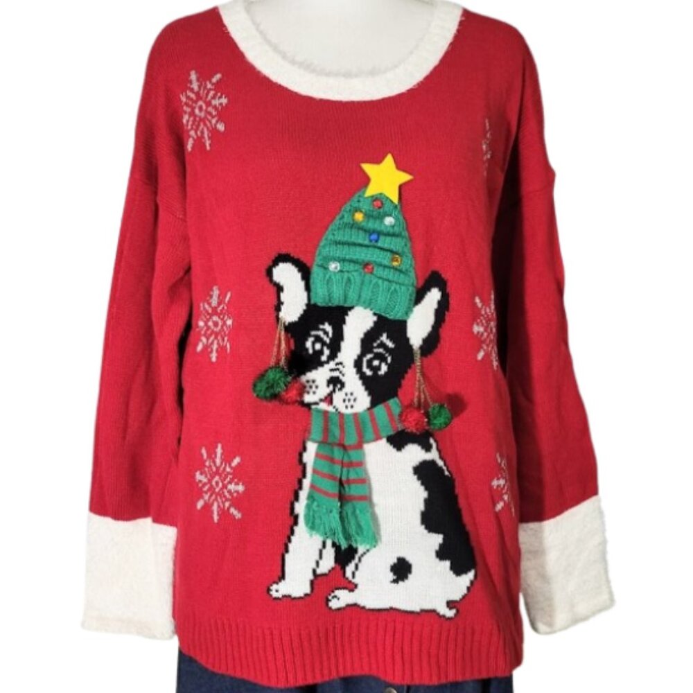 33 DEGREES Boston Terrier Dog Red Ugly Christmas Sweater - Women's XL